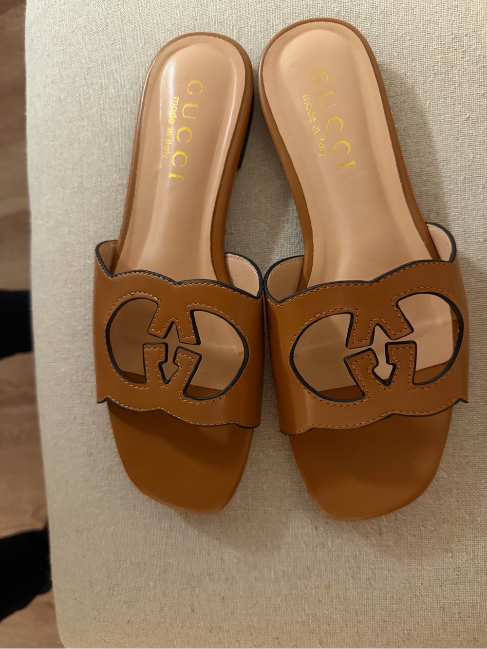 Gucci Tan Leather GG Cutout Slide Sandals